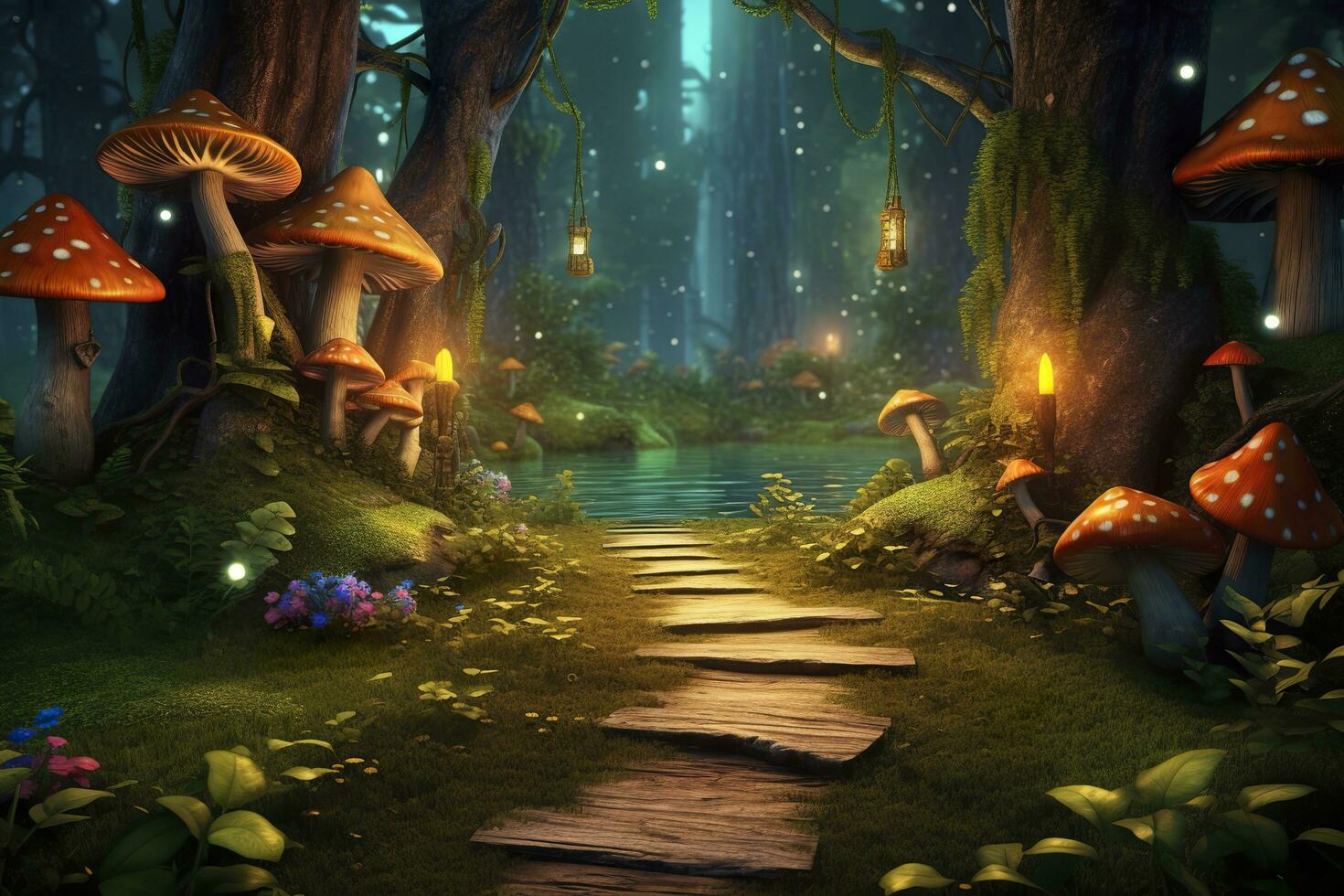 background fairy wood with a single path, zoom on a small portion of the path and add trees, moss, fireflies and mushrooms as additional decorations. AI Generative photo