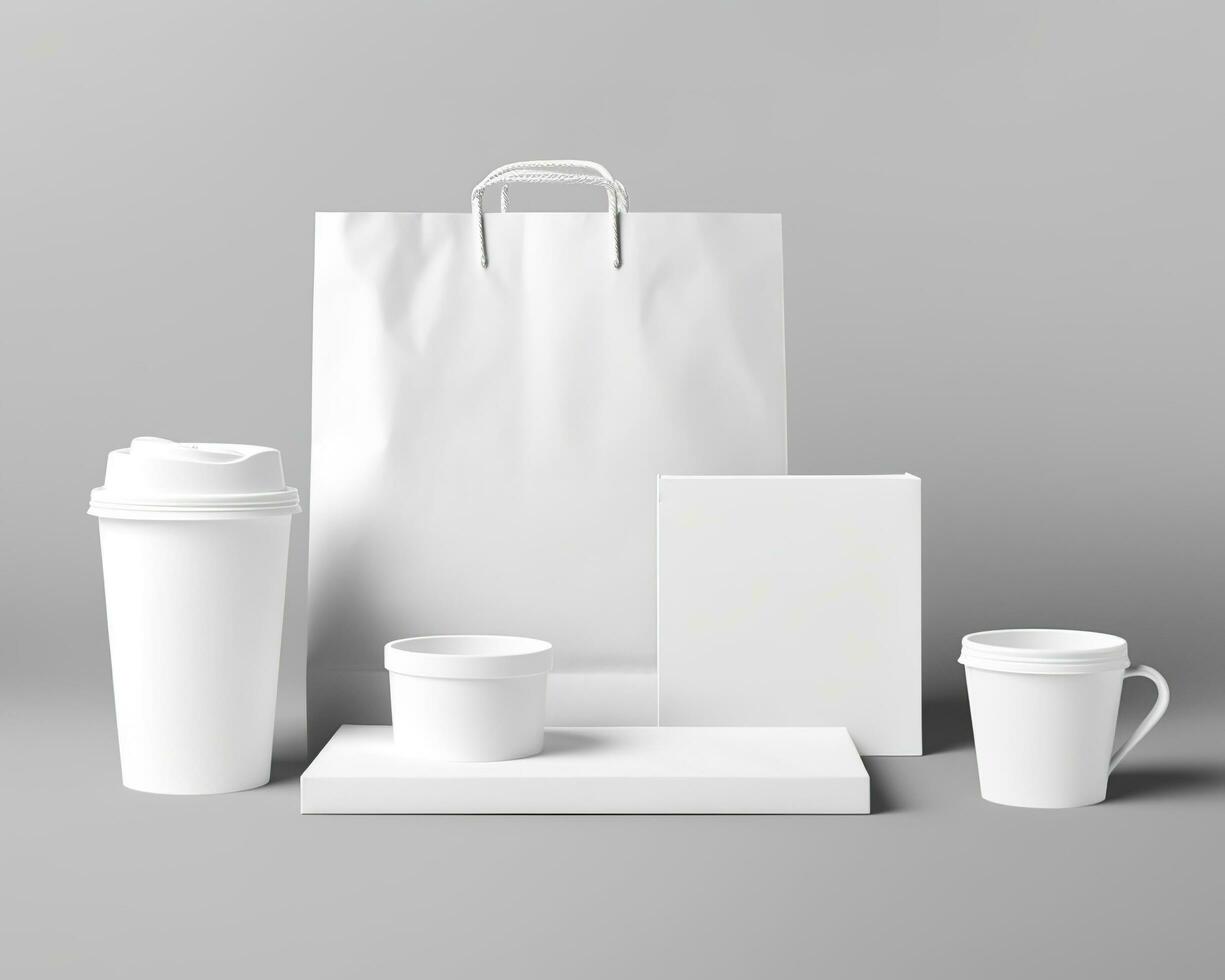 Blank bag, coffee mug, and cup on a light background. Generative AI photo