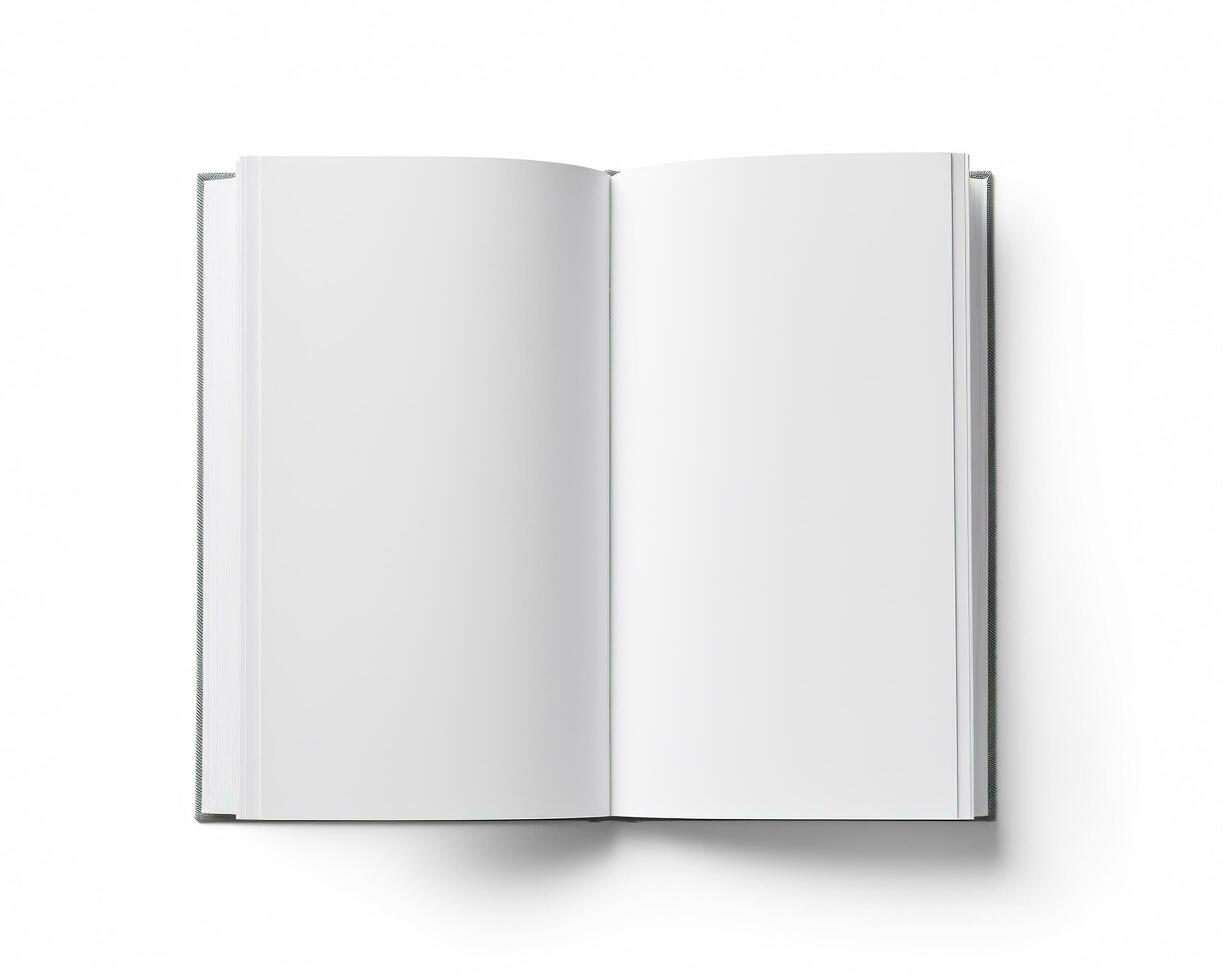 Blank opened book mockup, top view, isolated on white background. Generative AI photo