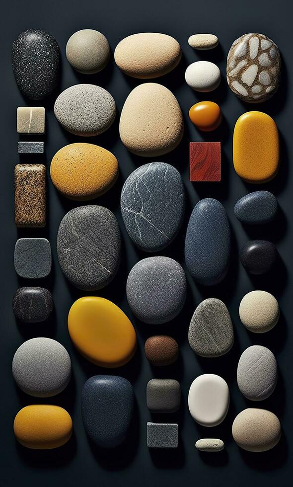 Some colorful stones are displayed, dark navy and yellow, AI Generative photo