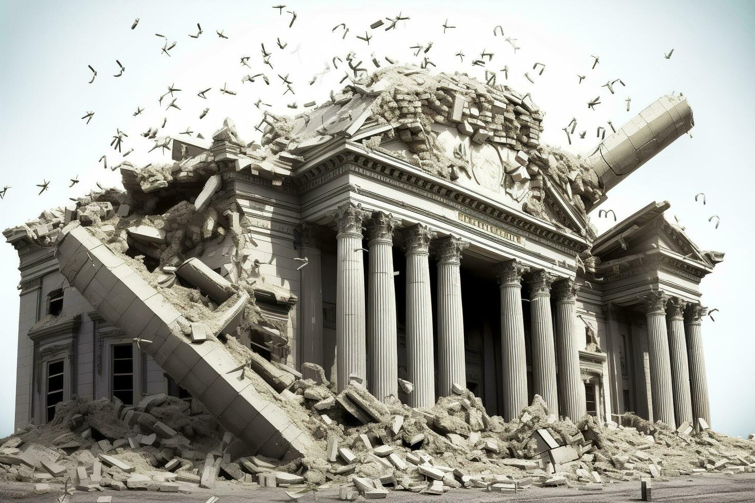 Bank collapse. A bank or financial institution, going down failing or collapsing. Generative AI photo