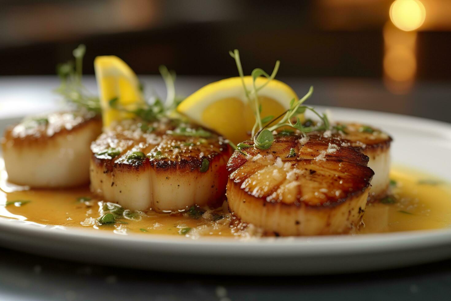 Closeup of pan seared diver scallops with lemon beurre blanc