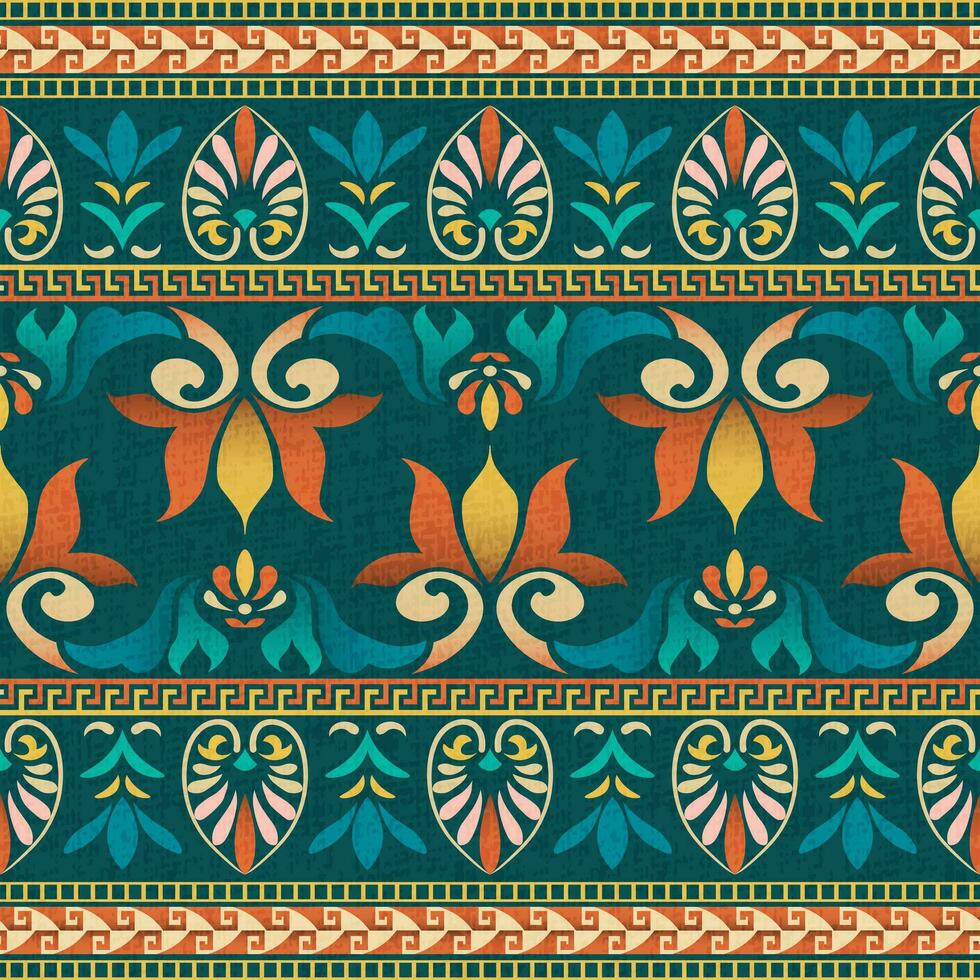 Colorful ancient Greek floral pattern design for textiles. The fabric pattern with Greek flowers, foliage motifs, and geometric shapes on a dark green background. Vibrant seamless pattern designs. vector
