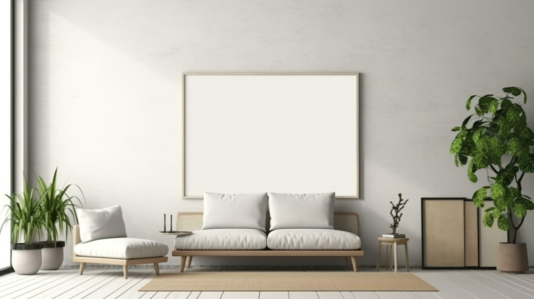 Modern cozy mock up and decoration furniture of living room and empty canvas frame on the white wall texture background, 3D rendering. AI Generative photo