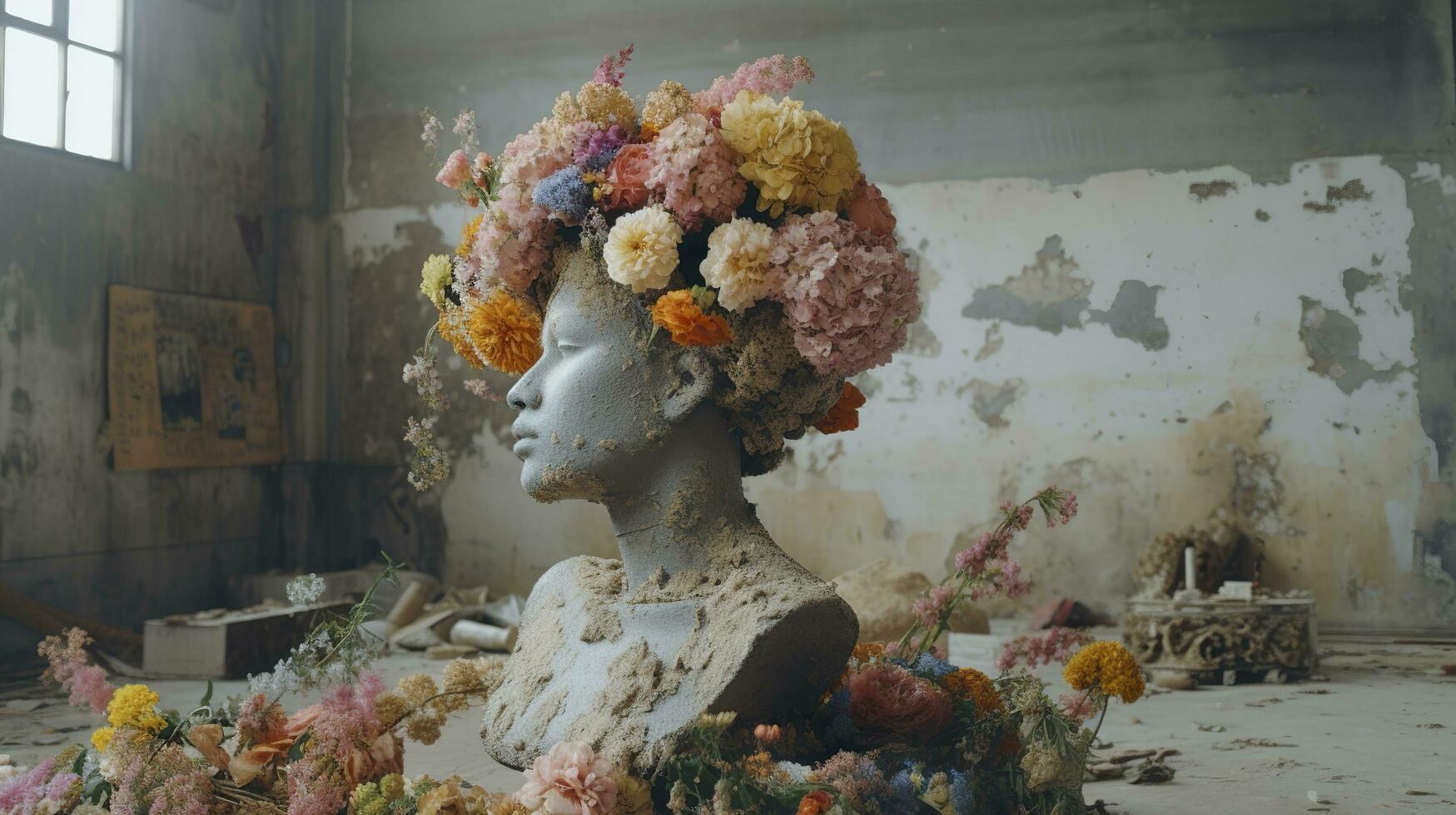 real flores cubrir un escultura en un hormigón edificio, un escultura inspirado, pastel acento colores, cadera salto escultura, ai generativo foto