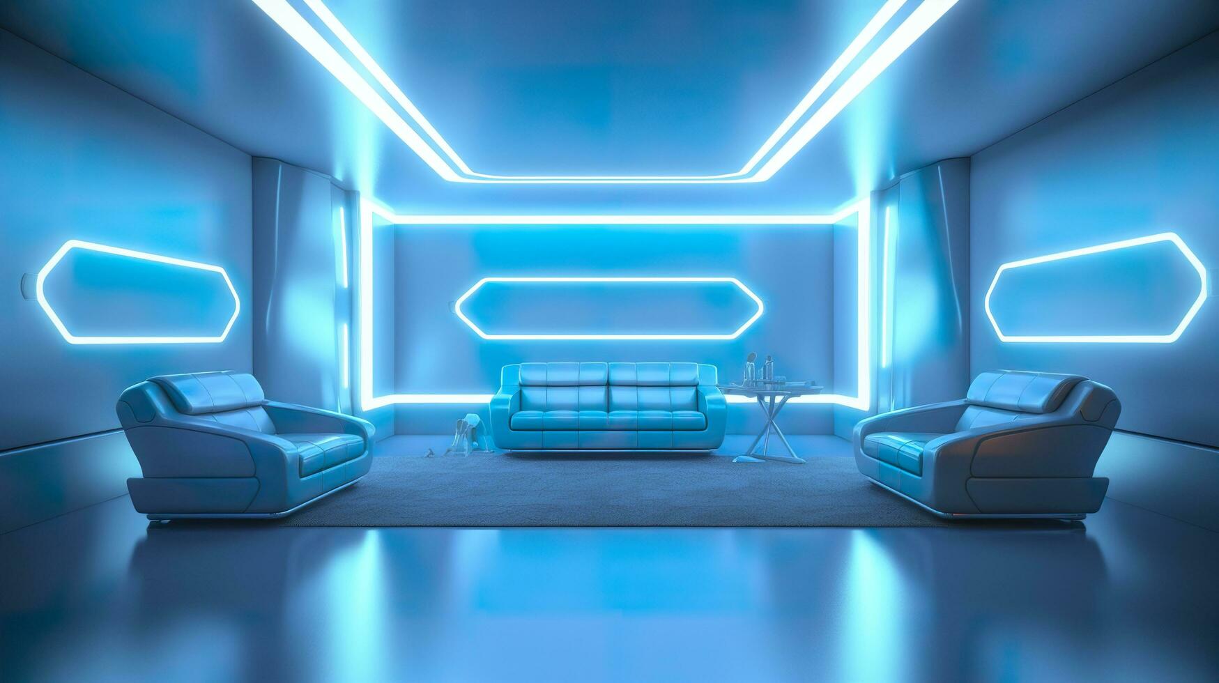 Empty Wall in a Futuristic Sci Fi Living Room with Light Yellow, Light Cyan, and Light Blue Neon. AI Generative photo
