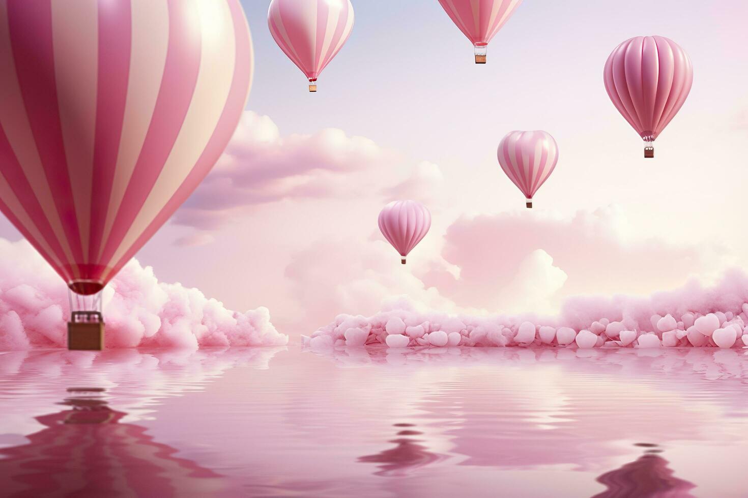 Bright pink ethereal cloudy landscape, hearts, roses, balloons, and wedding concept. Generative AI photo