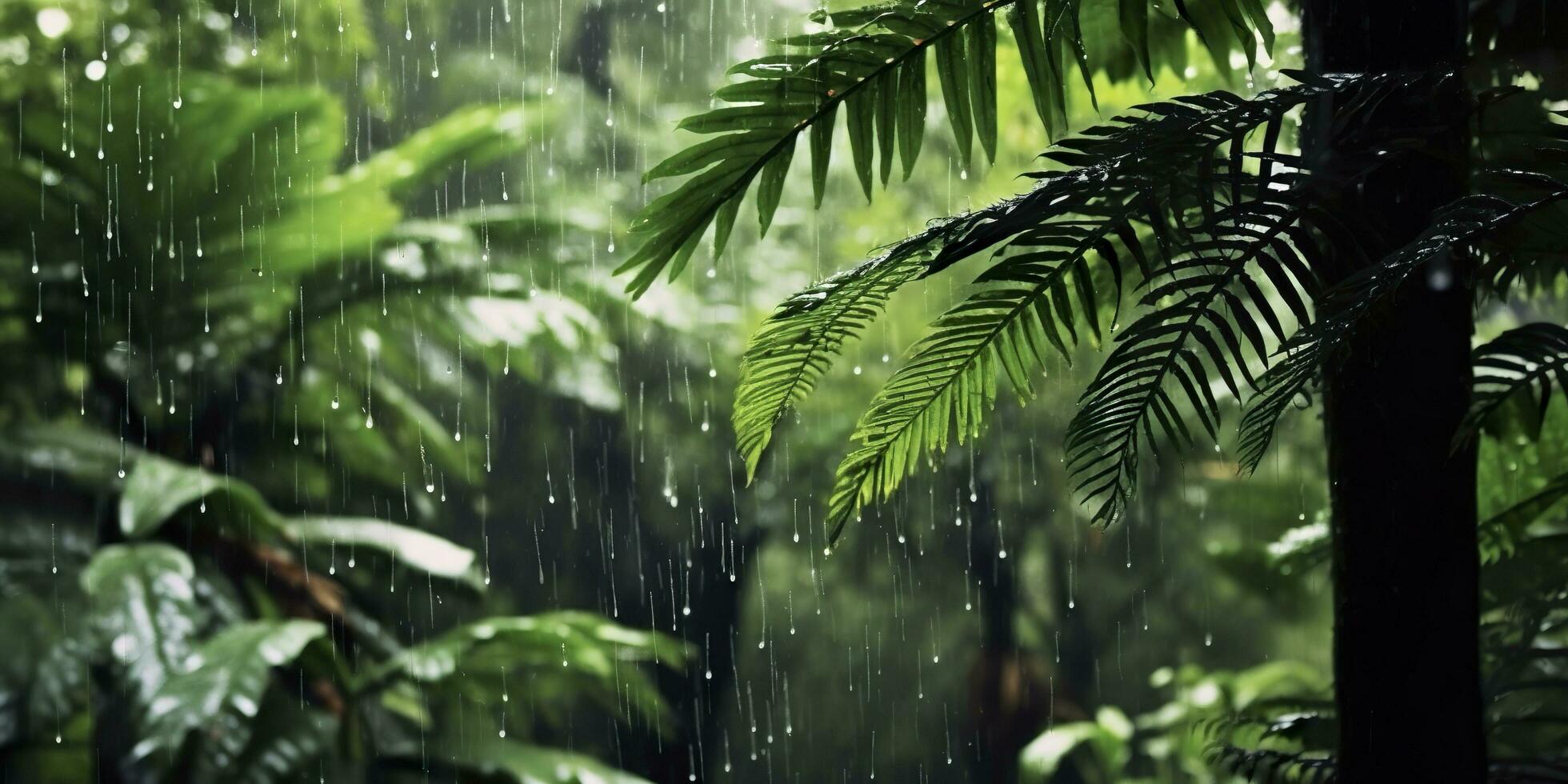 Rain falls in a rainforest with the rain drops. Generative AI photo