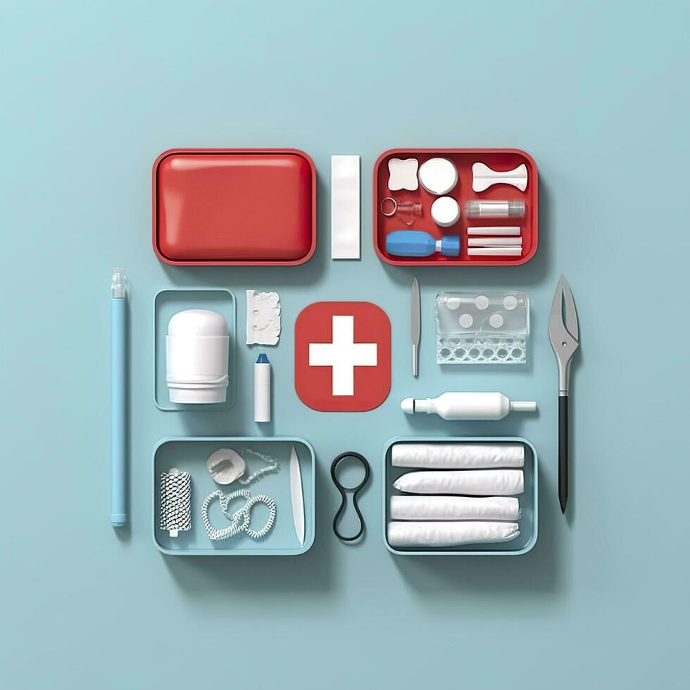 First aid kit top view on a blue background. Pills, plaster, thermometer, bandage, are laid out nearby, 3d render, AI Generative photo