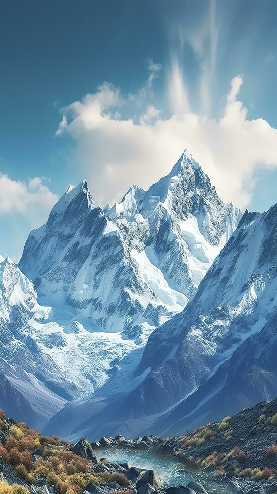 The beauty of a majestic and snow capped mountain range, with rugged peaks, AI Generative photo
