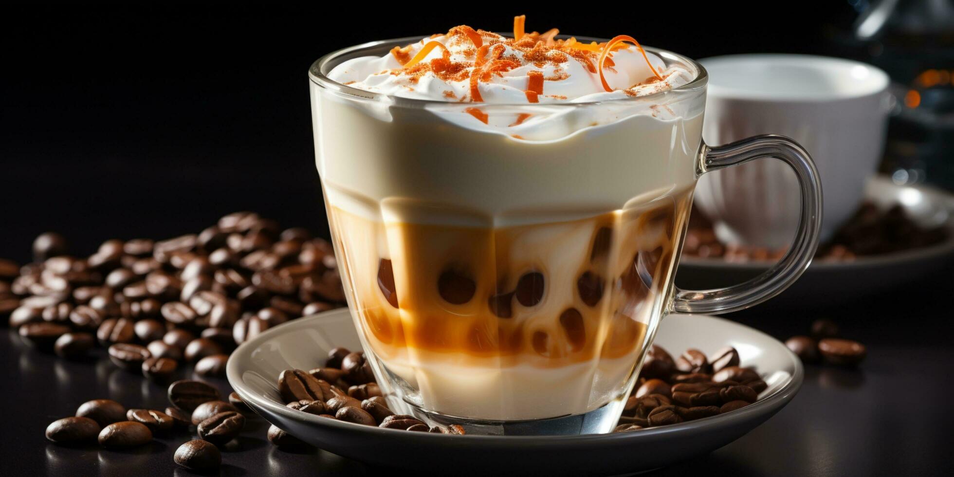 coffee in a transparent glass, a cup with milk foam photo