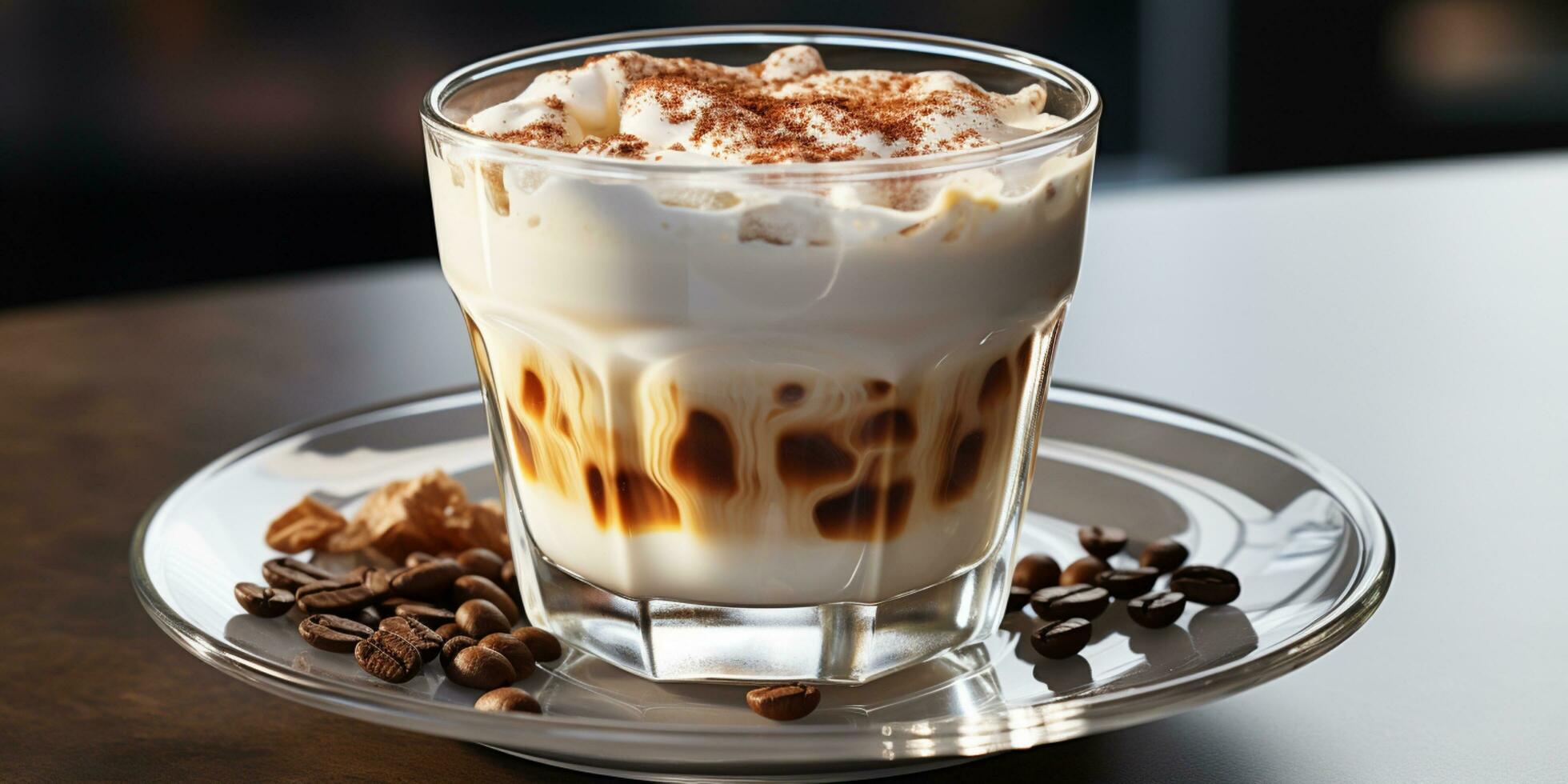 coffee in a transparent glass, a cup with milk foam photo