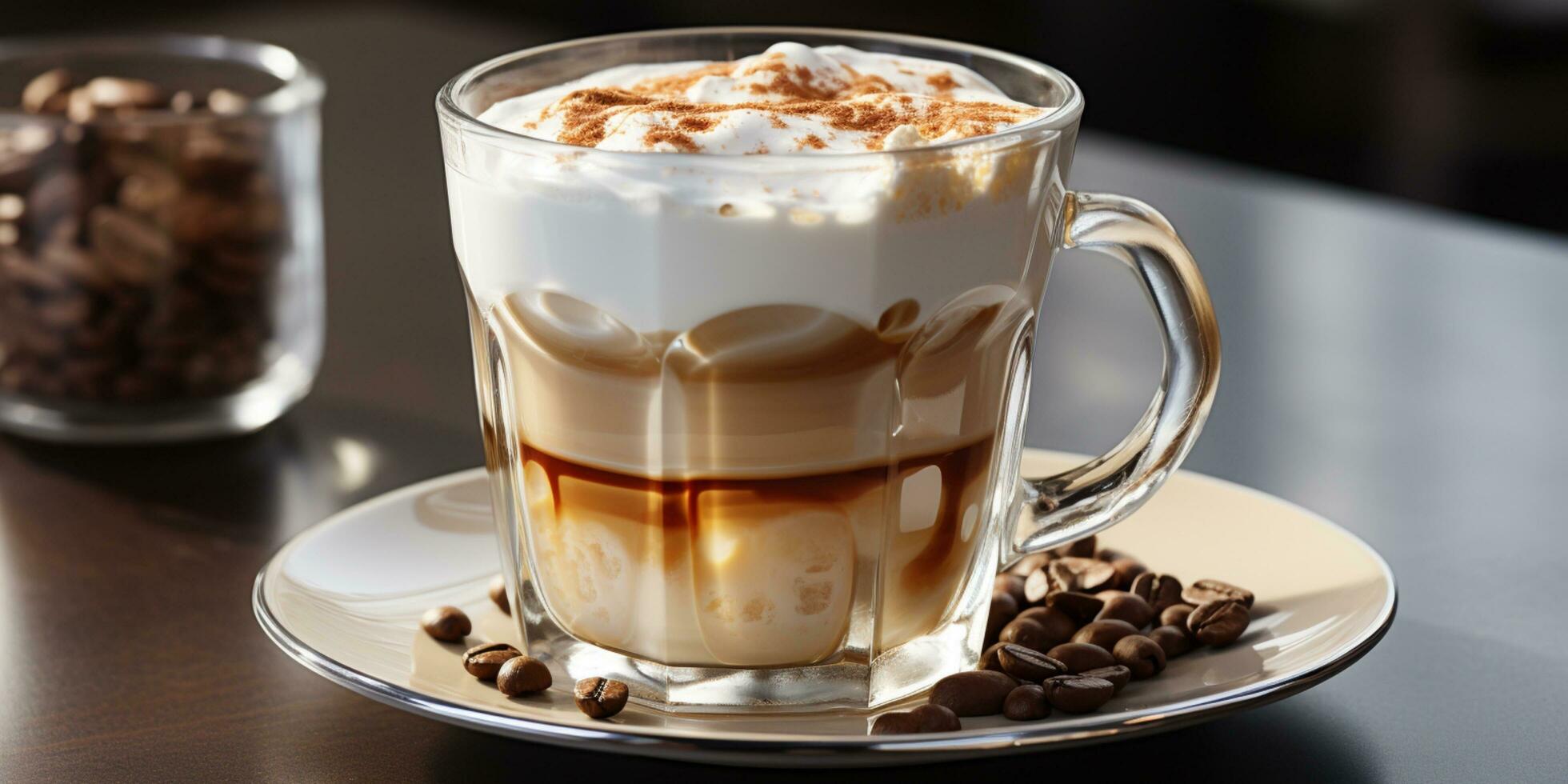 coffee in a transparent glass, a cup with milk foam photo