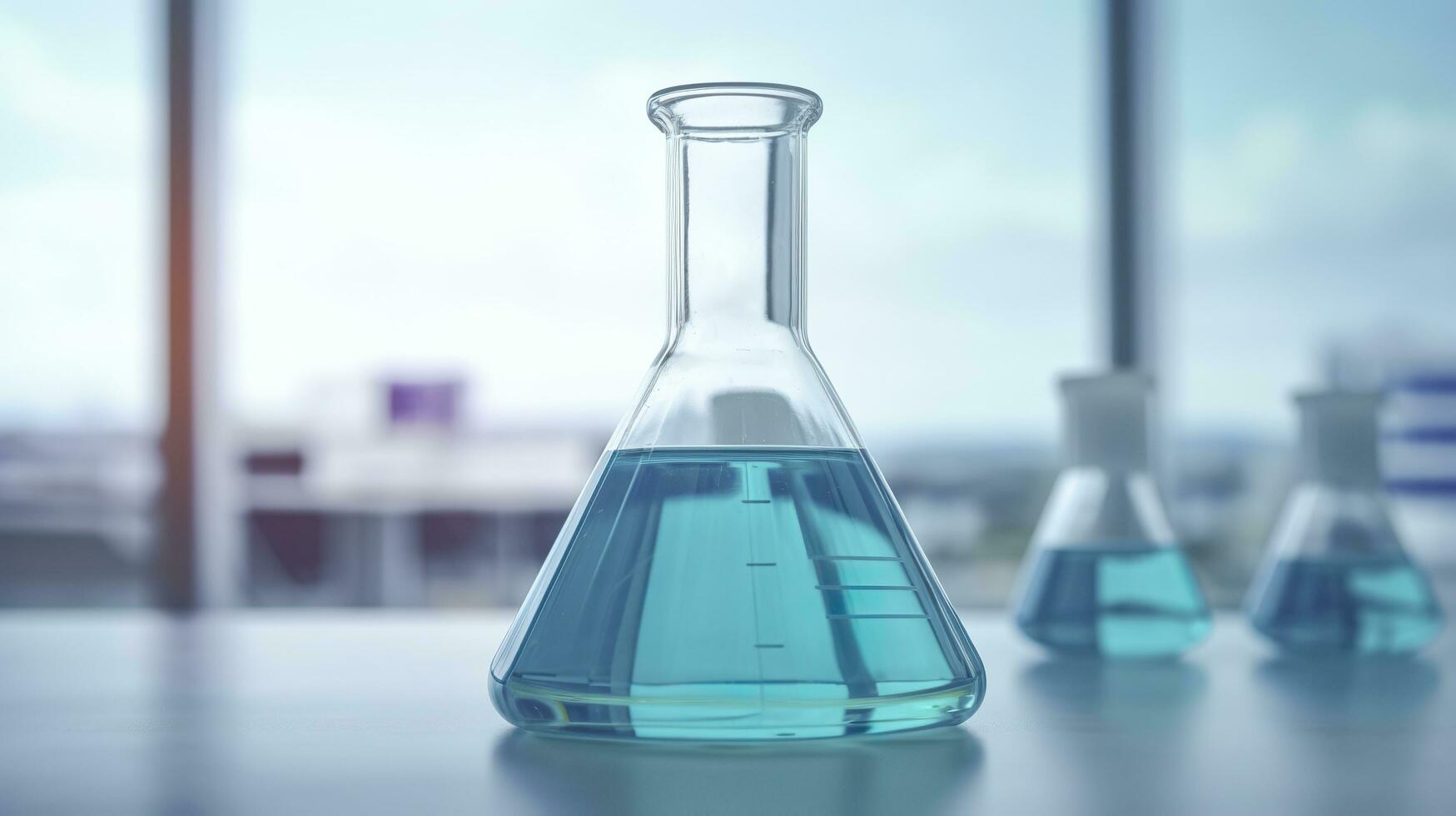 A Science Beaker in the laboratory on a table white and light blue background. laboratory equipment out of focus. AI Generative photo