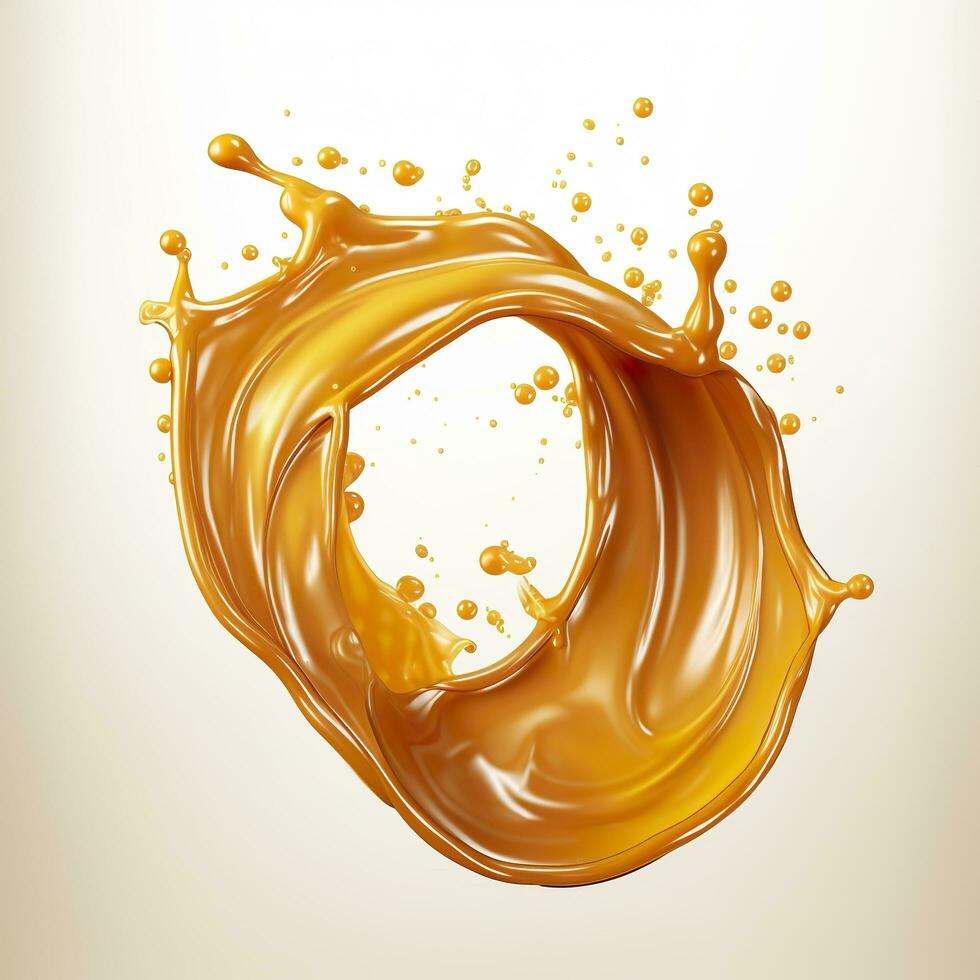Caramel sauce, Liquid syrup splash, sugar candy caramel or melted toffee, 3d. Generative AI photo