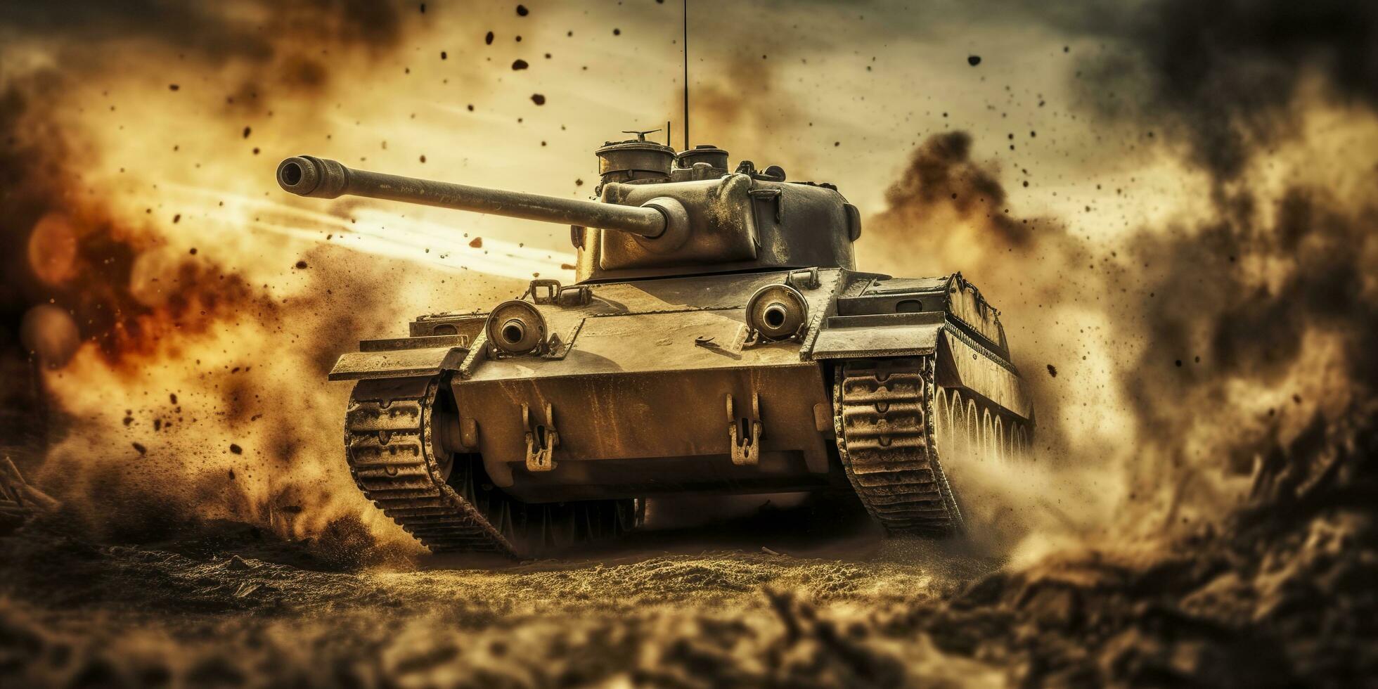 A Close Up Look at the Power and Destruction of a World War II Tank Firing Shell. AI Generative photo