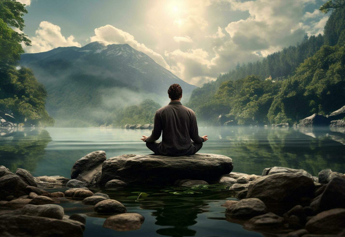 ai generativo foto de un hombre practicando atención plena y meditación en un pacífico natural ambiente sony a7s realista imagen, ultra alta definición, alto diseño muy detallado