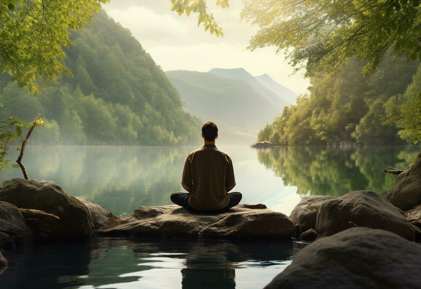 ai generative photo of a man practicing mindfulness and meditation in a peaceful natural environment sony A7s realistic image, ultra hd, high design very detailed