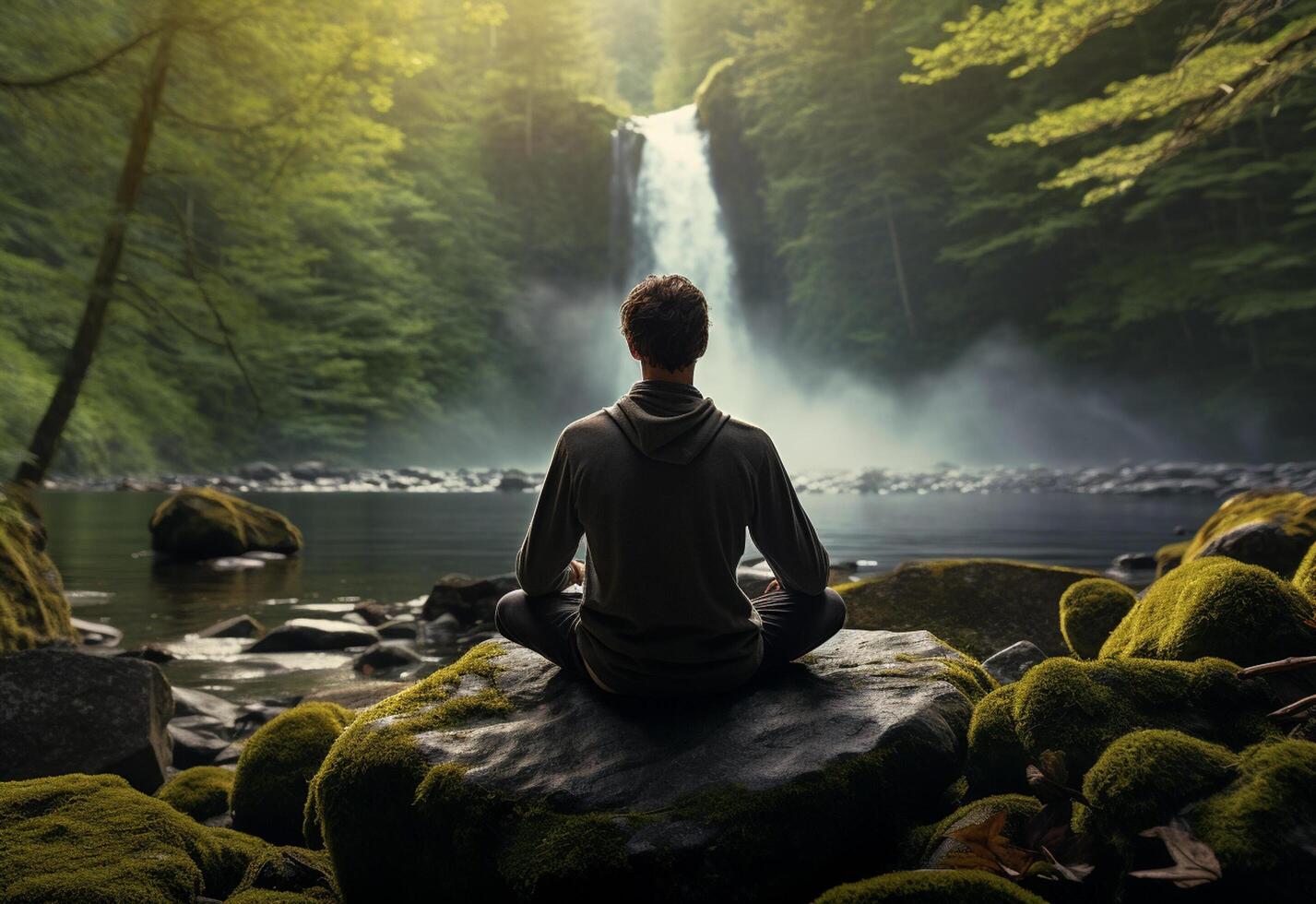 ai generative photo of a man practicing mindfulness and meditation in a peaceful natural environment sony A7s realistic image, ultra hd, high design very detailed
