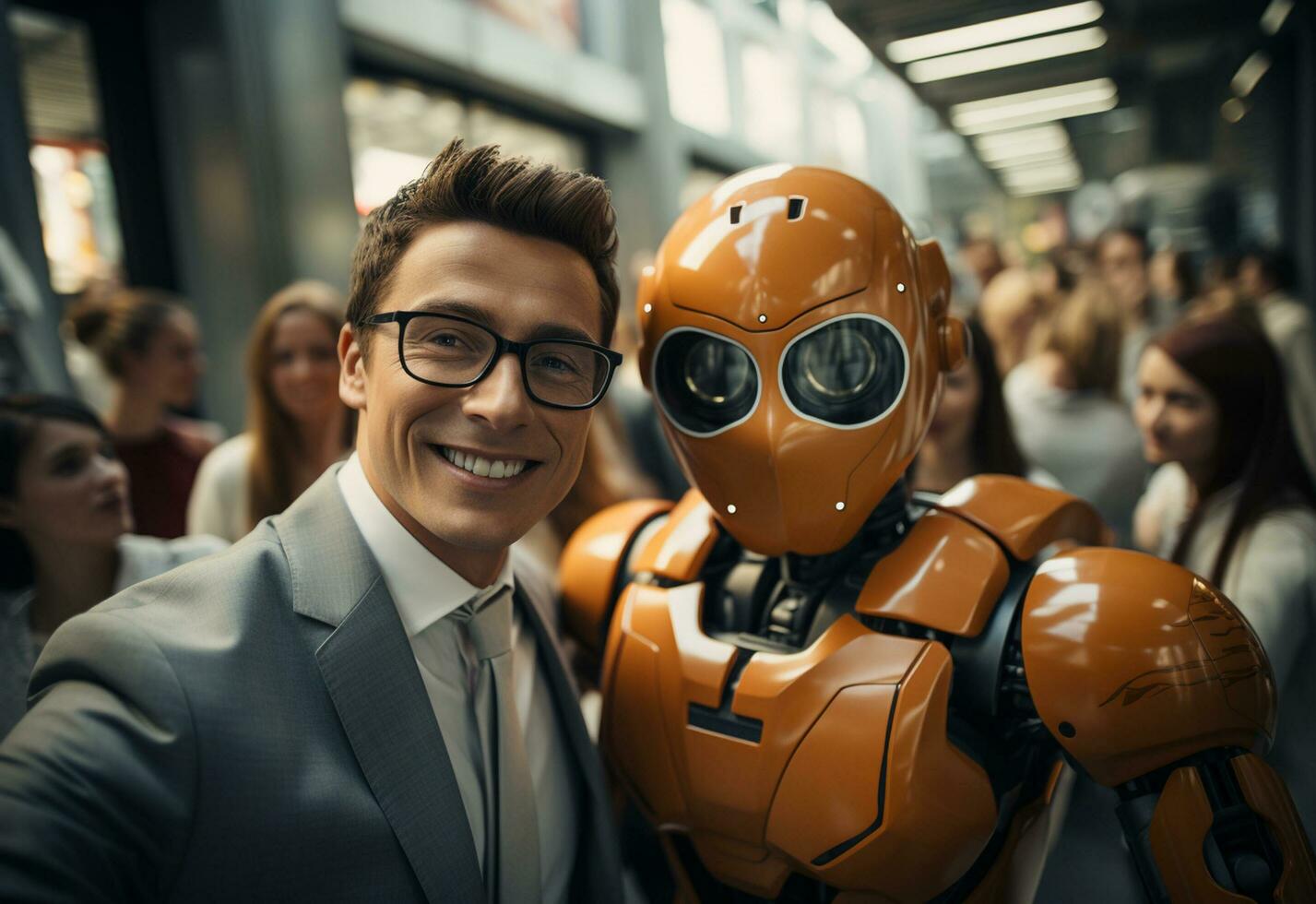 a man in a suit and tie standing next to a robot photo