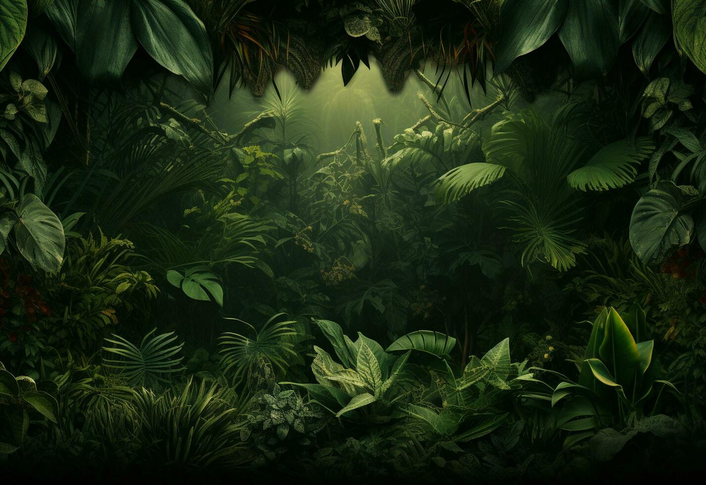 Ai Generative Beautiful jungle background with border made of tropical leaves backdrop with copy space photo
