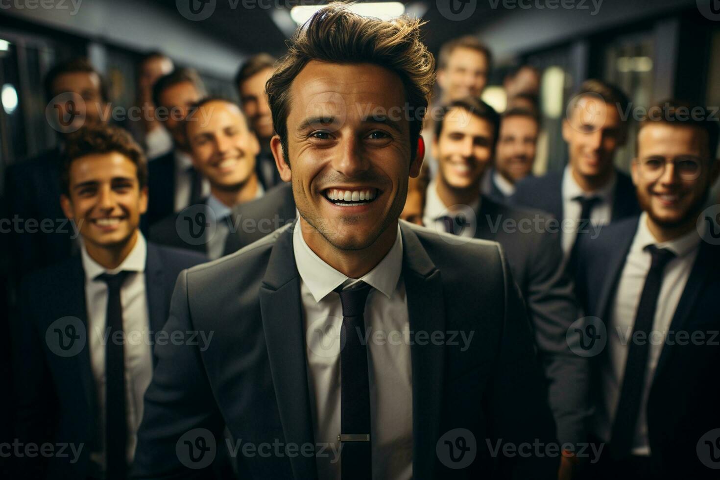 Ai Generative group of happy business man and business women, dressed in suits are smiling, in the office photo