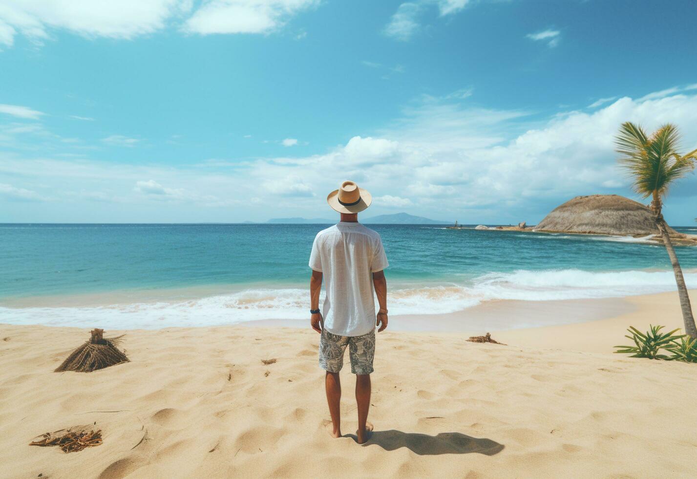 Ai generative back view young tourist man in summer dress and hat standing on beautiful sandy beach. enjoying. photo