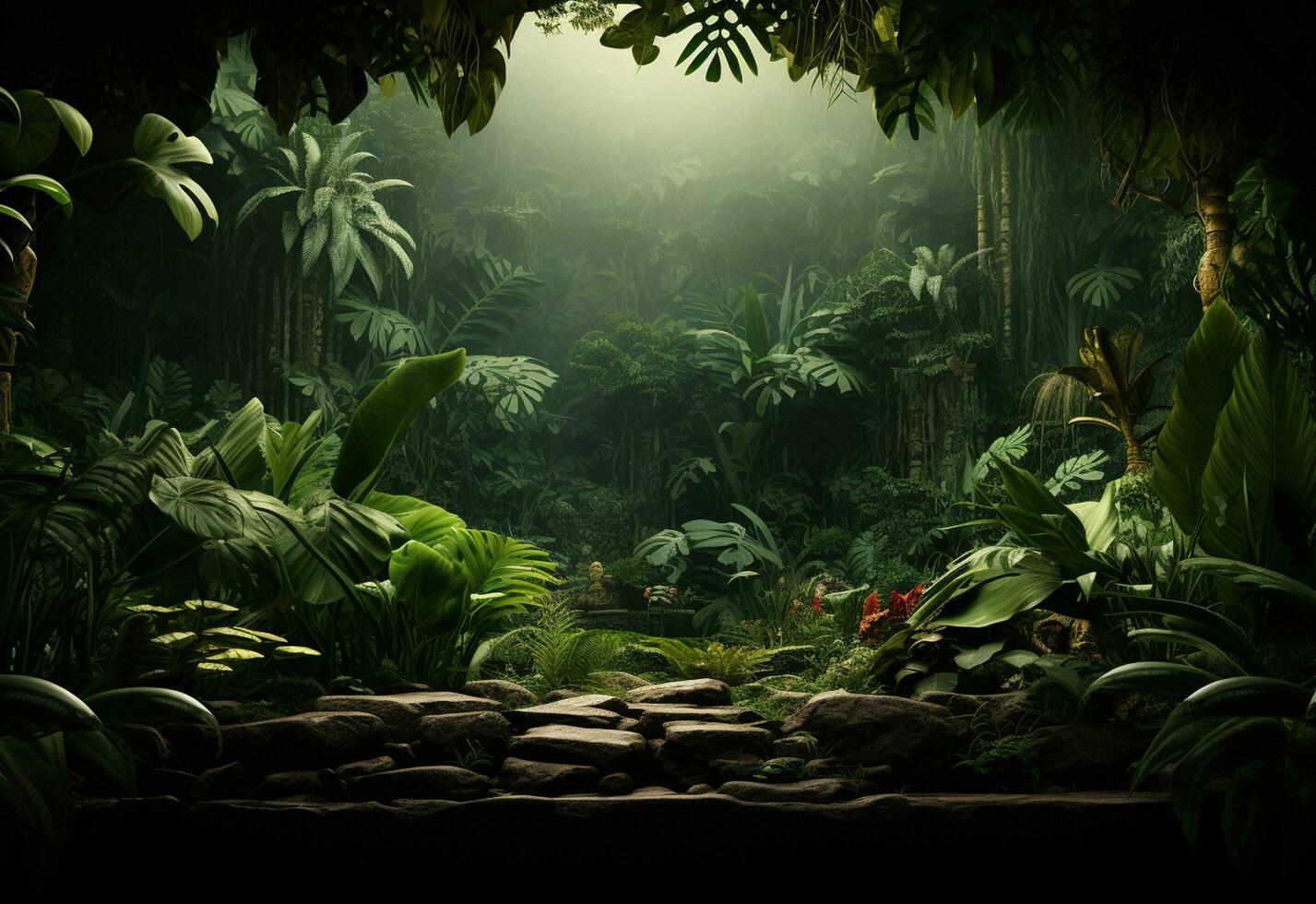 Ai Generative Beautiful jungle background with border made of tropical leaves backdrop with copy space photo