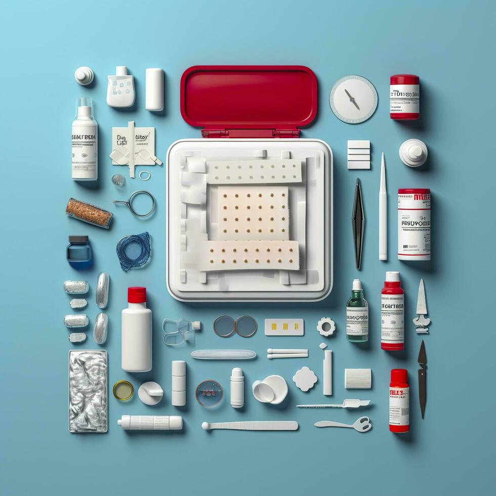 First aid kit top view on a blue background. Pills, plaster, thermometer, bandage, are laid out nearby, 3d render, AI Generative photo