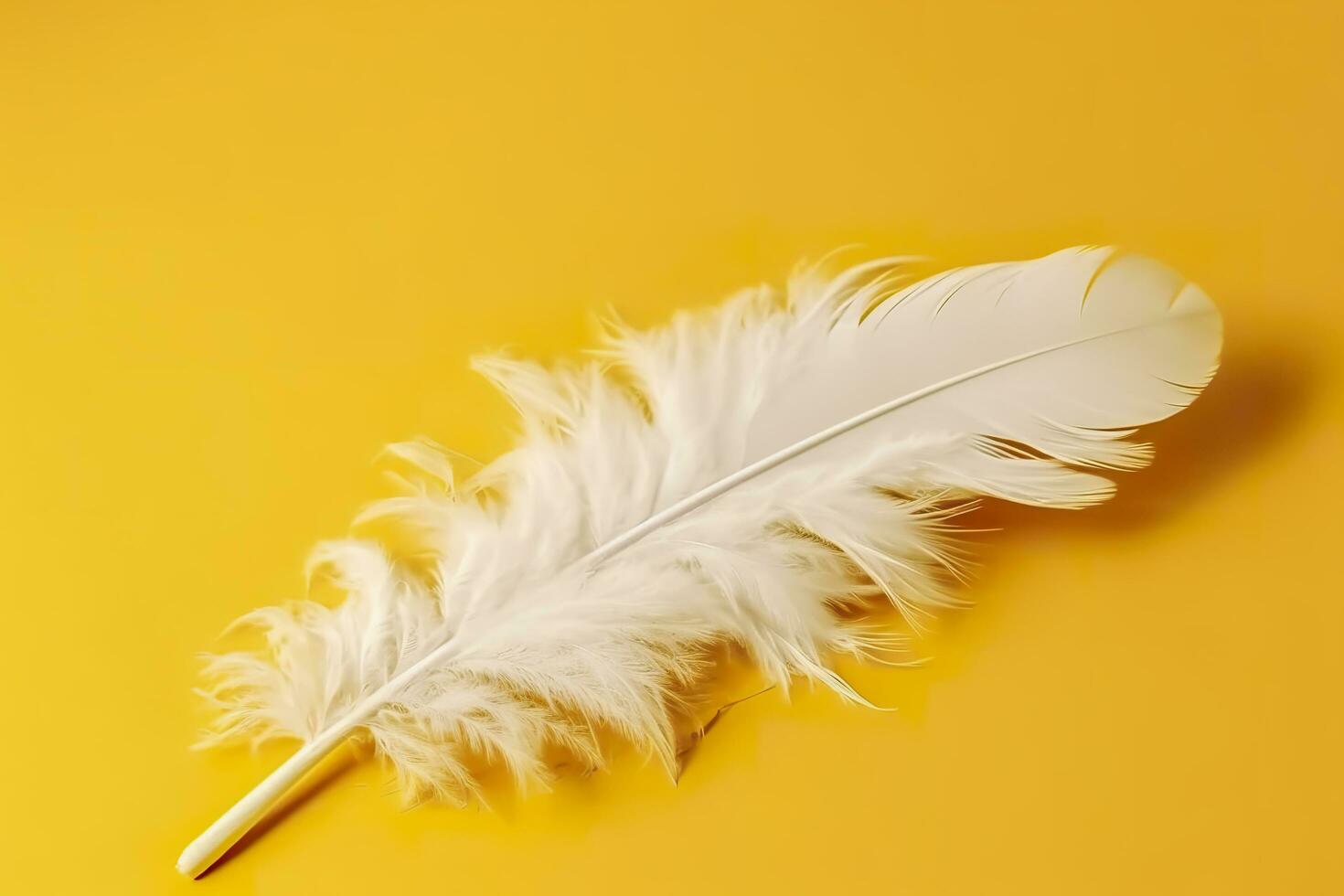 Close up of bright white feather. Copy space, yellow background. Fashion and Party concept. AI Generative photo