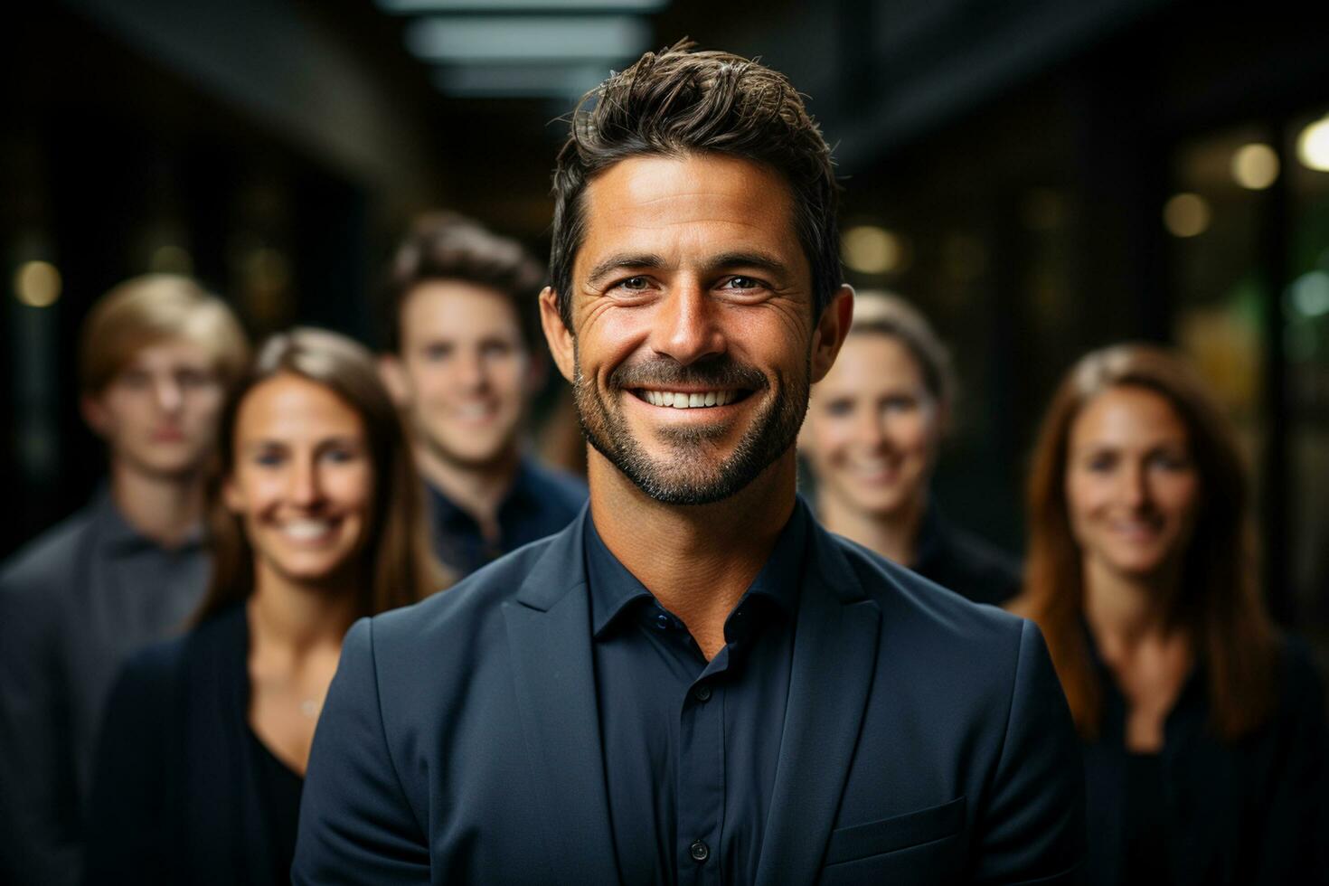 Ai Generative group of happy business man and business women, dressed in suits are smiling, in the office photo