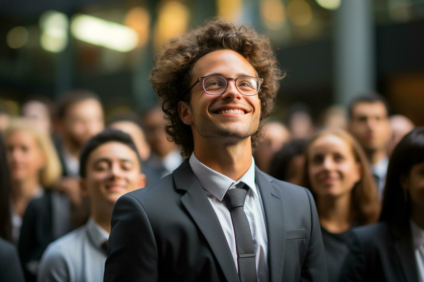 Ai Generative group of happy business man and business women, dressed in suits are smiling, in the office photo