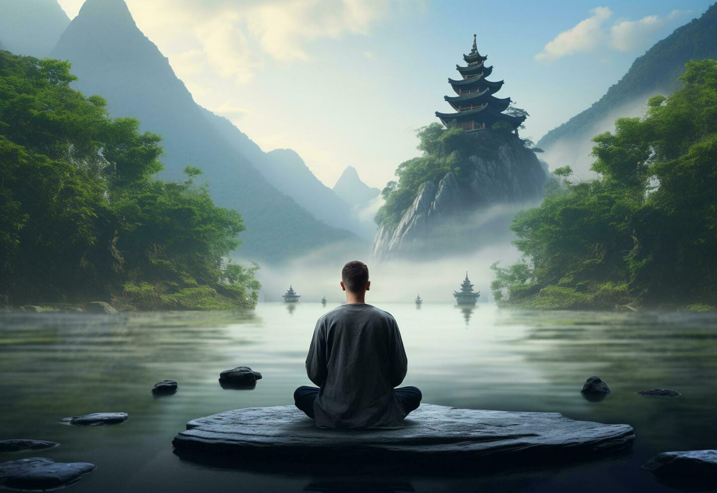 ai generative photo of a man practicing mindfulness and meditation in a peaceful natural environment sony A7s realistic image, ultra hd, high design very detailed