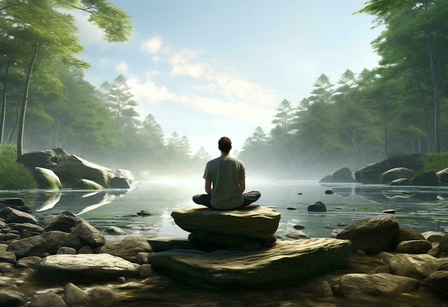 ai generative photo of a man practicing mindfulness and meditation in a peaceful natural environment sony A7s realistic image, ultra hd, high design very detailed