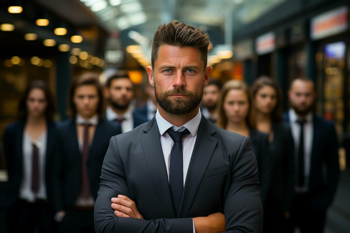 ai generativo grupo de contento negocio hombre y negocio mujer, vestido en trajes son sonriente, en el oficina foto