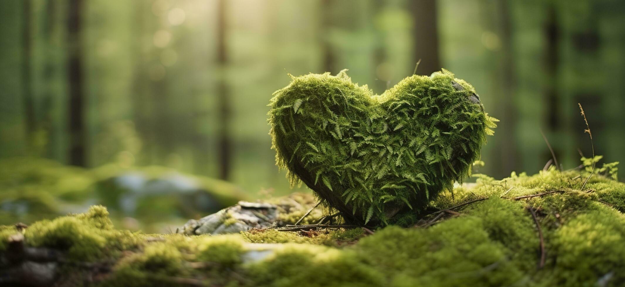 Closeup of wooden heart on moss. Natural burial grave in the woods. Generative AI photo