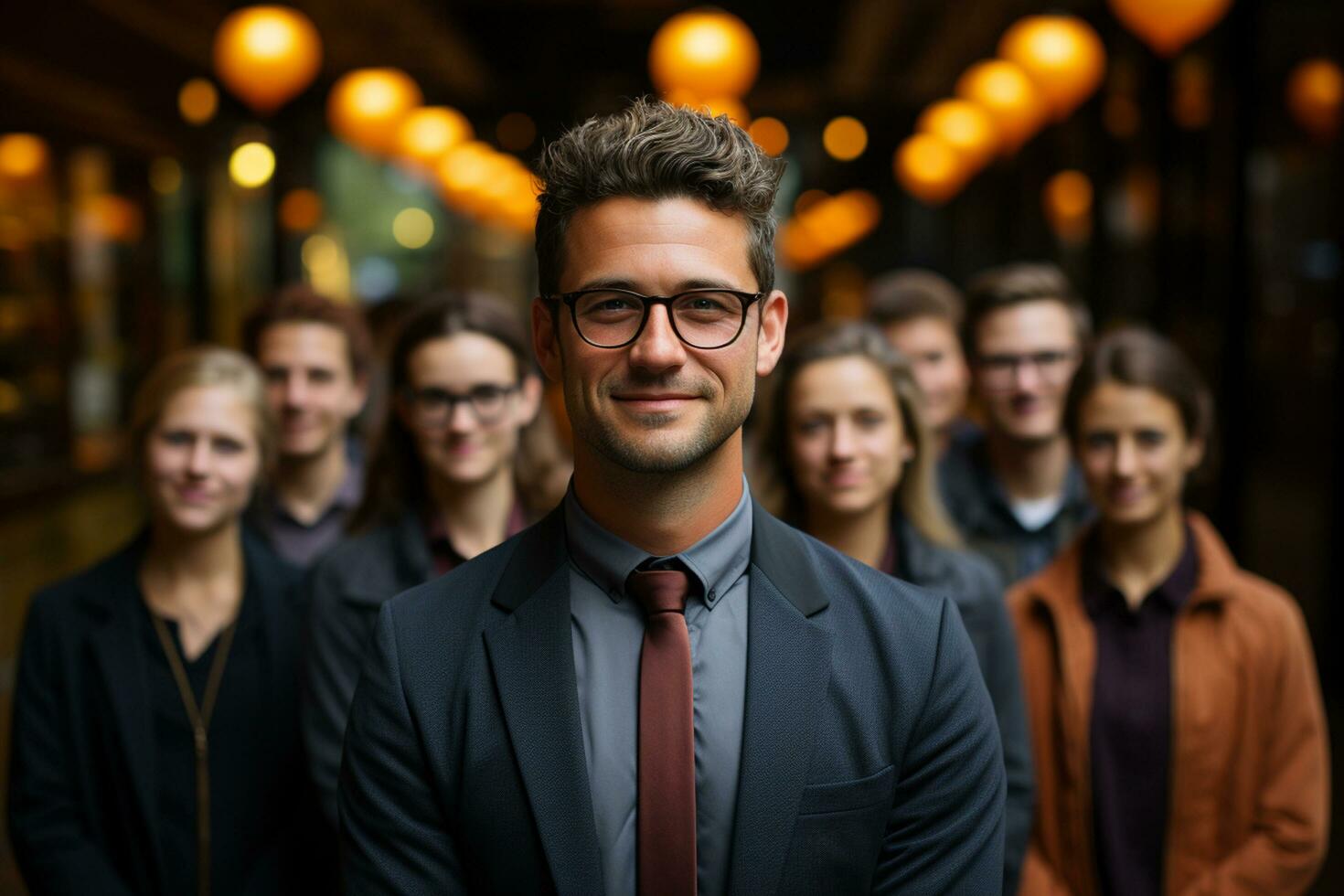 Ai Generative group of happy business man and business women, dressed in suits are smiling, in the office photo