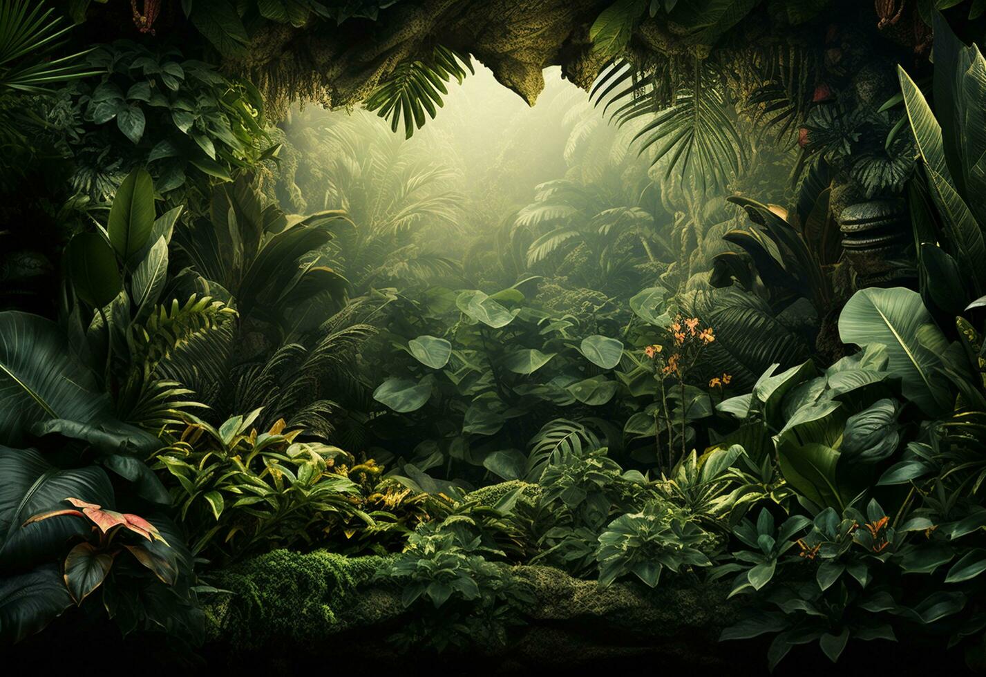 Ai Generative Beautiful jungle background with border made of tropical leaves backdrop with copy space photo