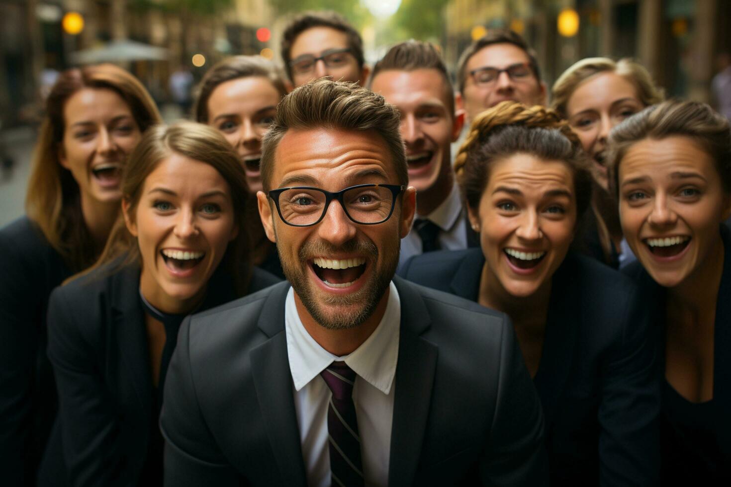 Ai Generative group of happy business man and business women, dressed in suits are smiling, in the office photo