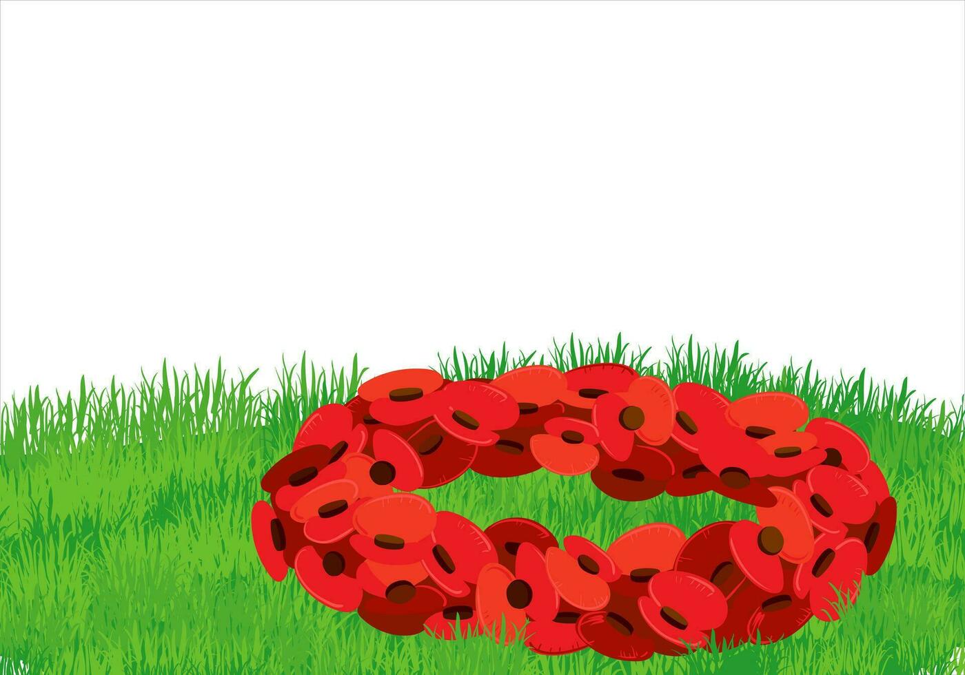 A traditional wreath of red flowers for Remembrance Day also known as Poppy Day lies on green grass. A symbol of memory and respect. Vector illustration in a flat style on a white background.