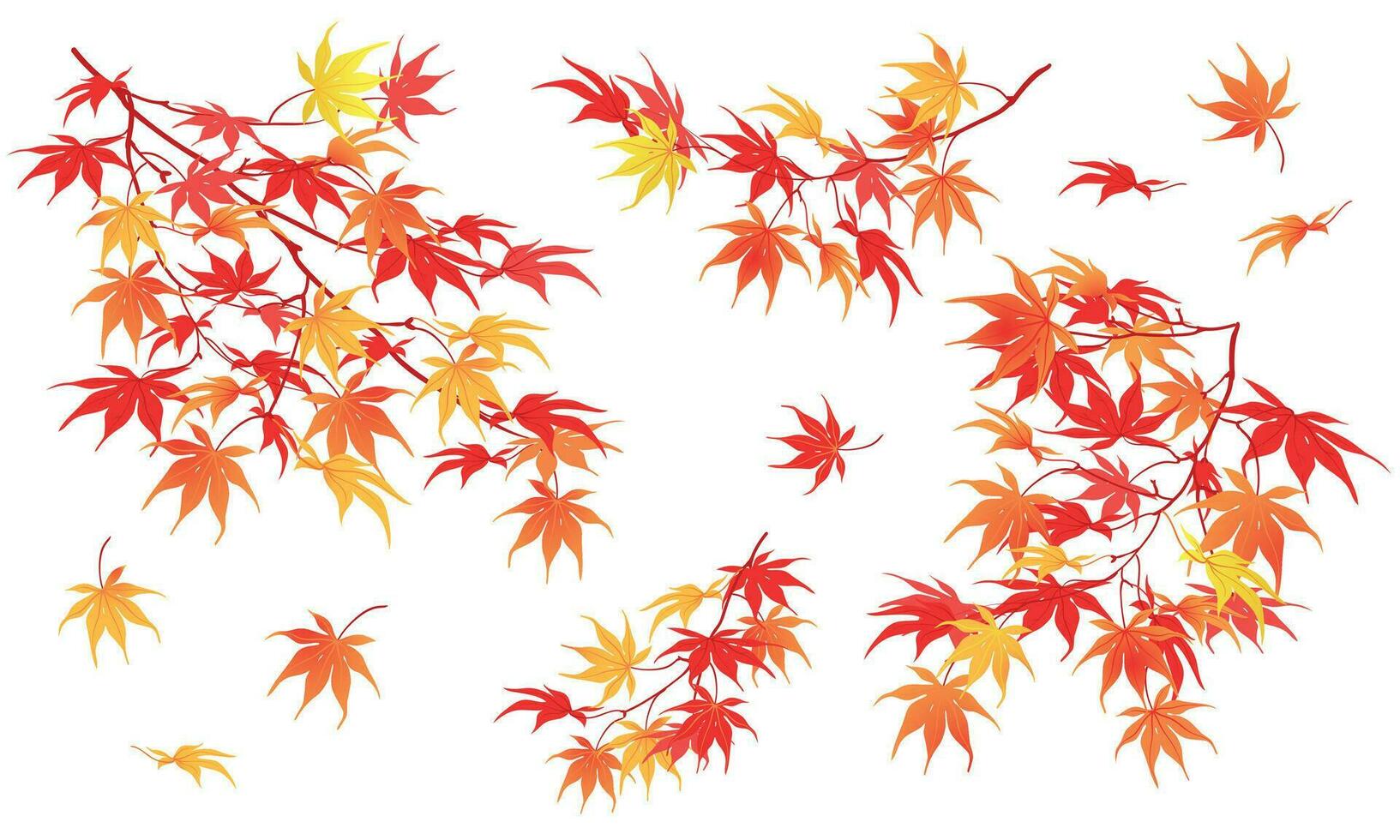 Autumn branch on a white background. The time of leaf fall. The red leaves of the Japanese maple fall down, fluttering in the wind. Vector illustration.