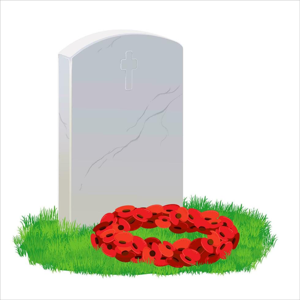 A white marble tombstone in the shape of a cross on green grass, a bouquet of red poppies. On Memorial Day, the grave is decorated with a floral wreath. A memorable date of Great Britain and Canada. vector