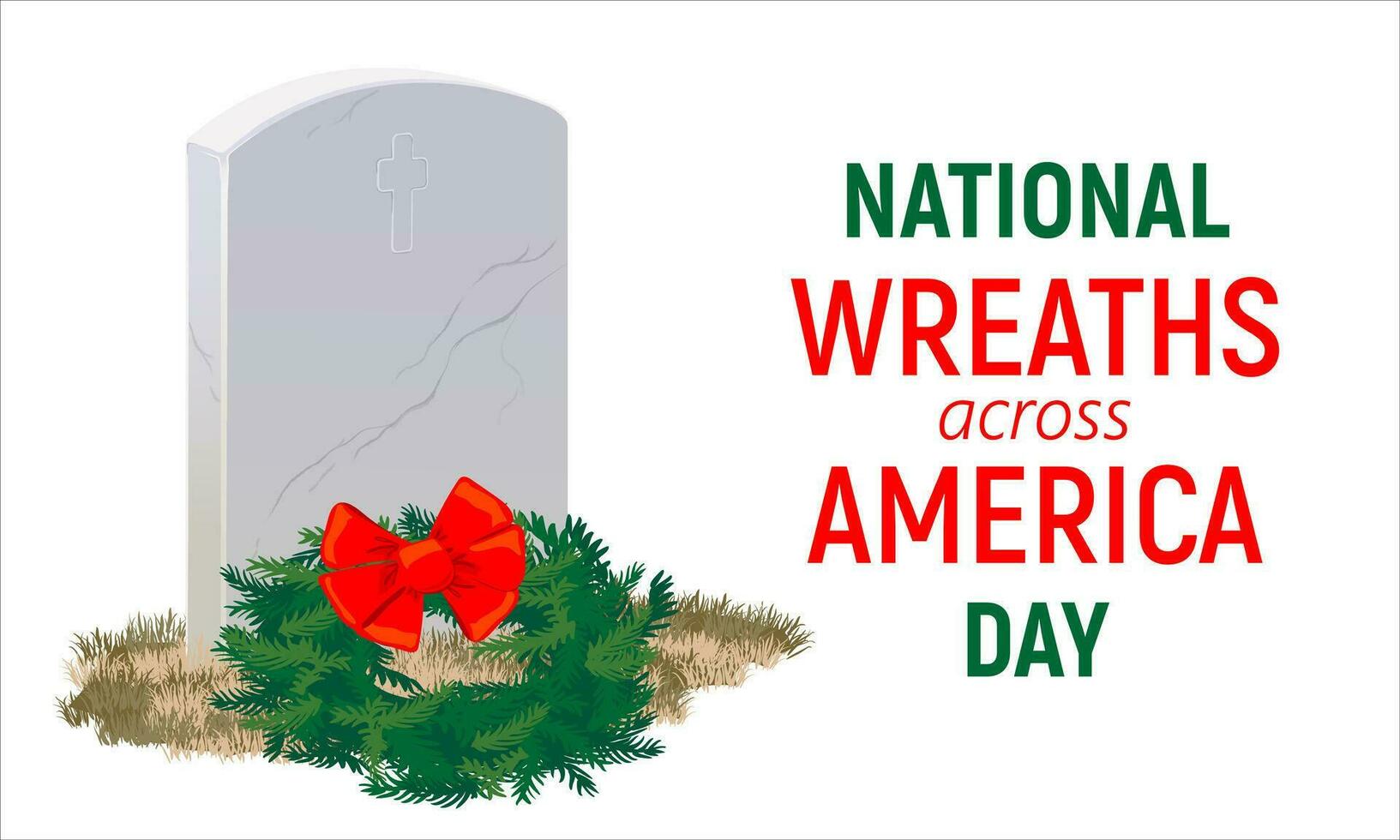 A tombstone made of gray marble and a wreath of fir branches on National Wreaths Across America Day in honor of fallen heroes. vector