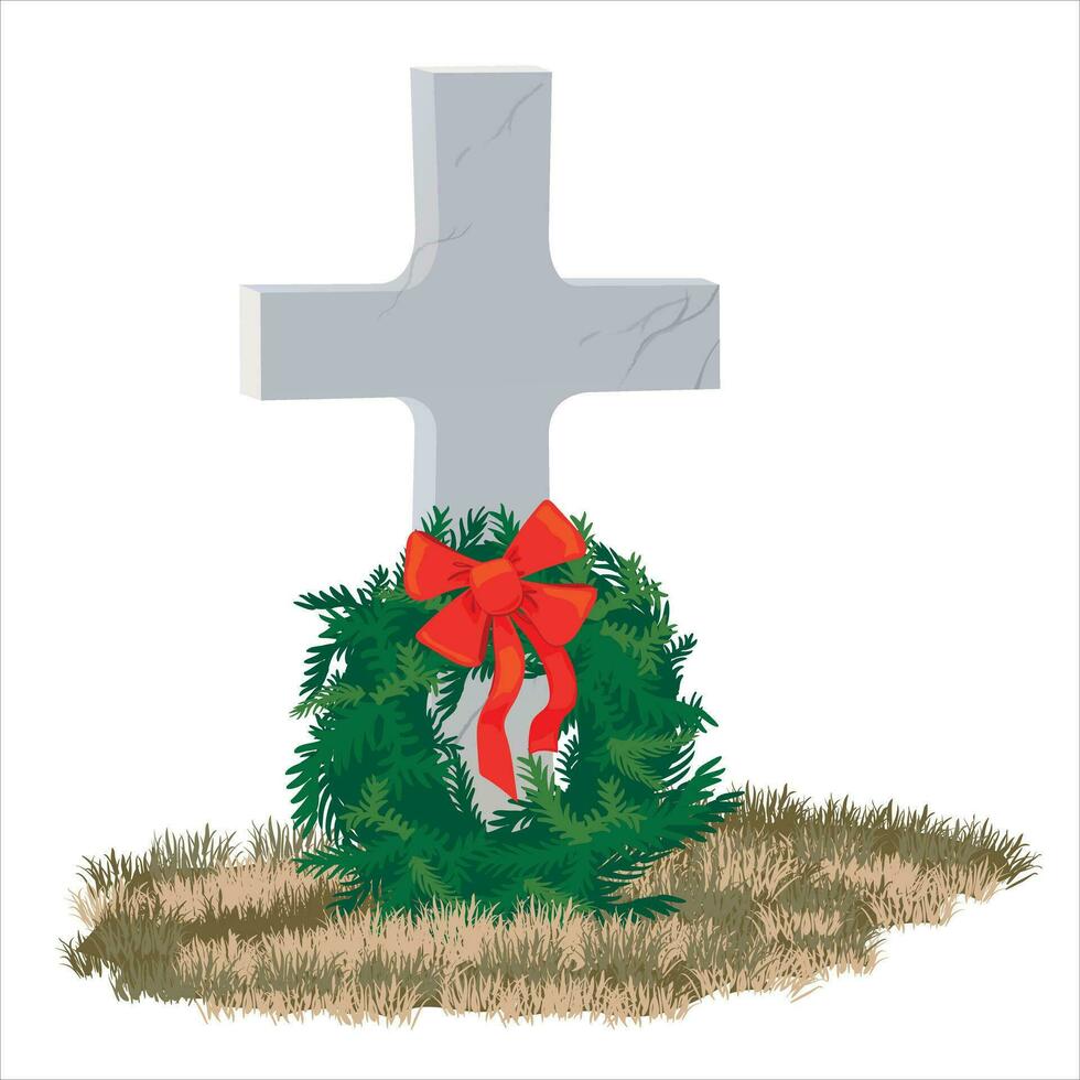 A tombstone in the shape of a cross made of gray marble and a wreath of fir branches on national wreaths across America in honor of fallen heroes.. vector