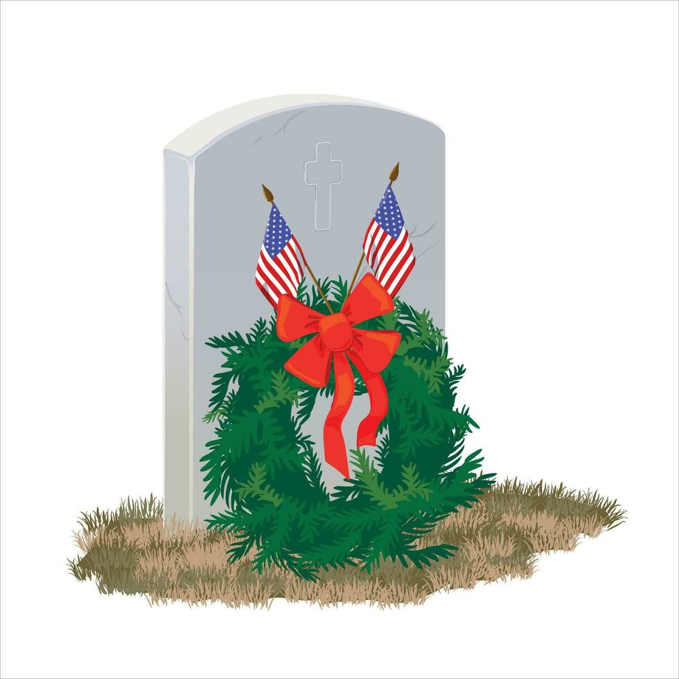 A tombstone made of gray marble and a wreath of fir branches on National Wreaths Across America Day in honor of fallen heroes. vector
