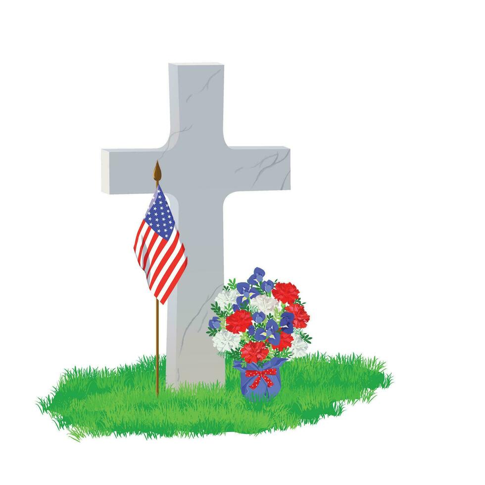 A white marble tombstone in the shape of a cross on the green grass. A bouquet of white, blue and red flowers. On Memorial Day, the grave is decorated with an American flag. Vector illustration.