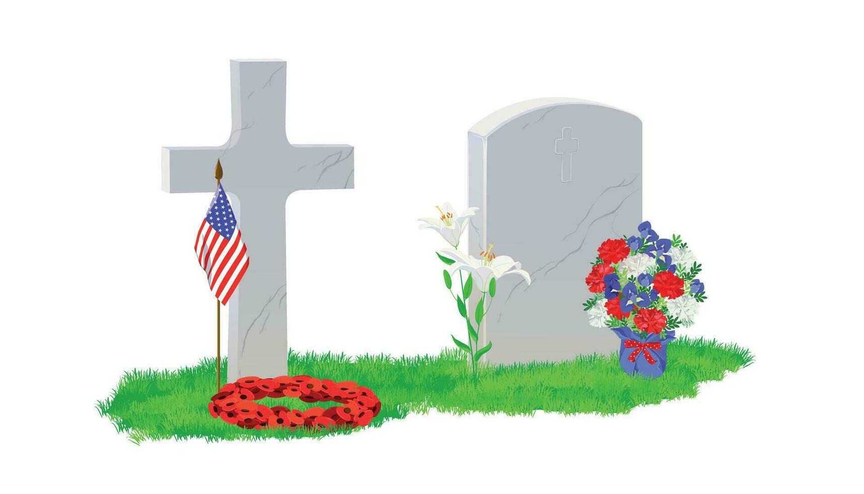 A white marble tombstone and a cross on green grass, a bouquet of red poppies and an American flag. The grave is decorated with a flower wreath. Commemorative date of Great Britain, Canada and the USA vector