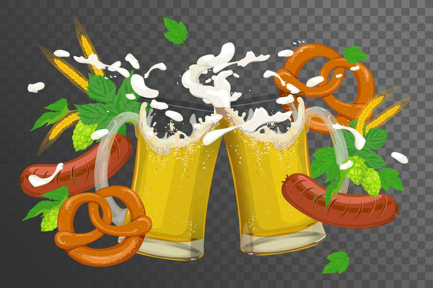 A dynamic composition of splashing beer, hops, barley ears, sausages and traditional German pretzels. Vector illustration for the Oktoberfest festival. A clipart for an invitation.
