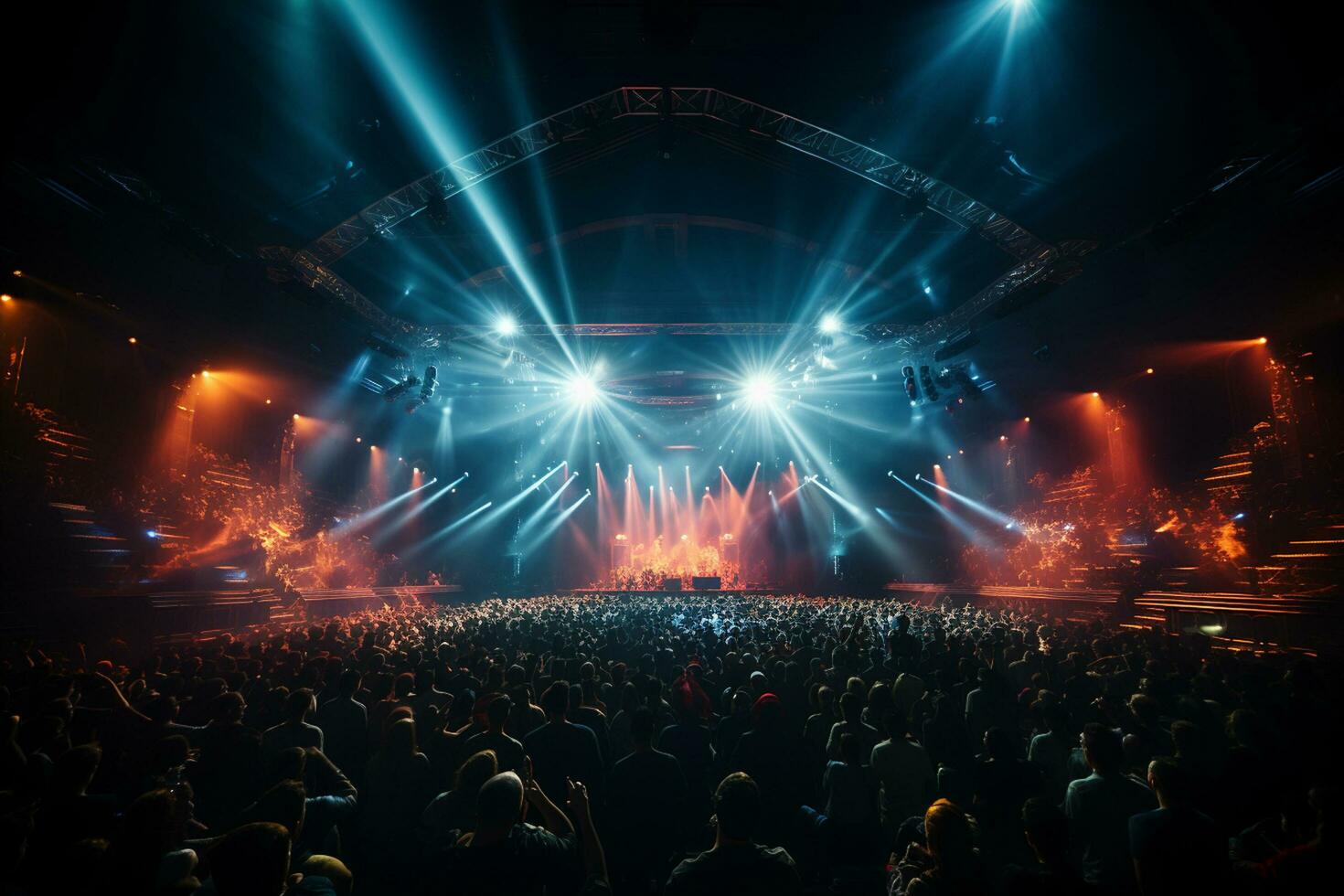 Ai generative Crowded Concert Stage Scenery With Spotlights and Colored Lights realistic image, ultra hd photo