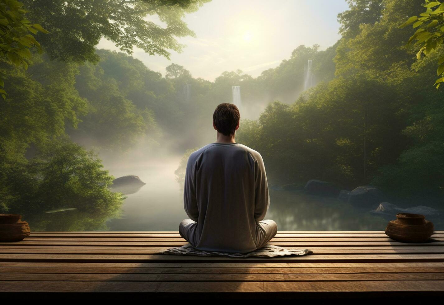 ai generative photo of a man practicing mindfulness and meditation in a peaceful natural environment sony A7s realistic image, ultra hd, high design very detailed